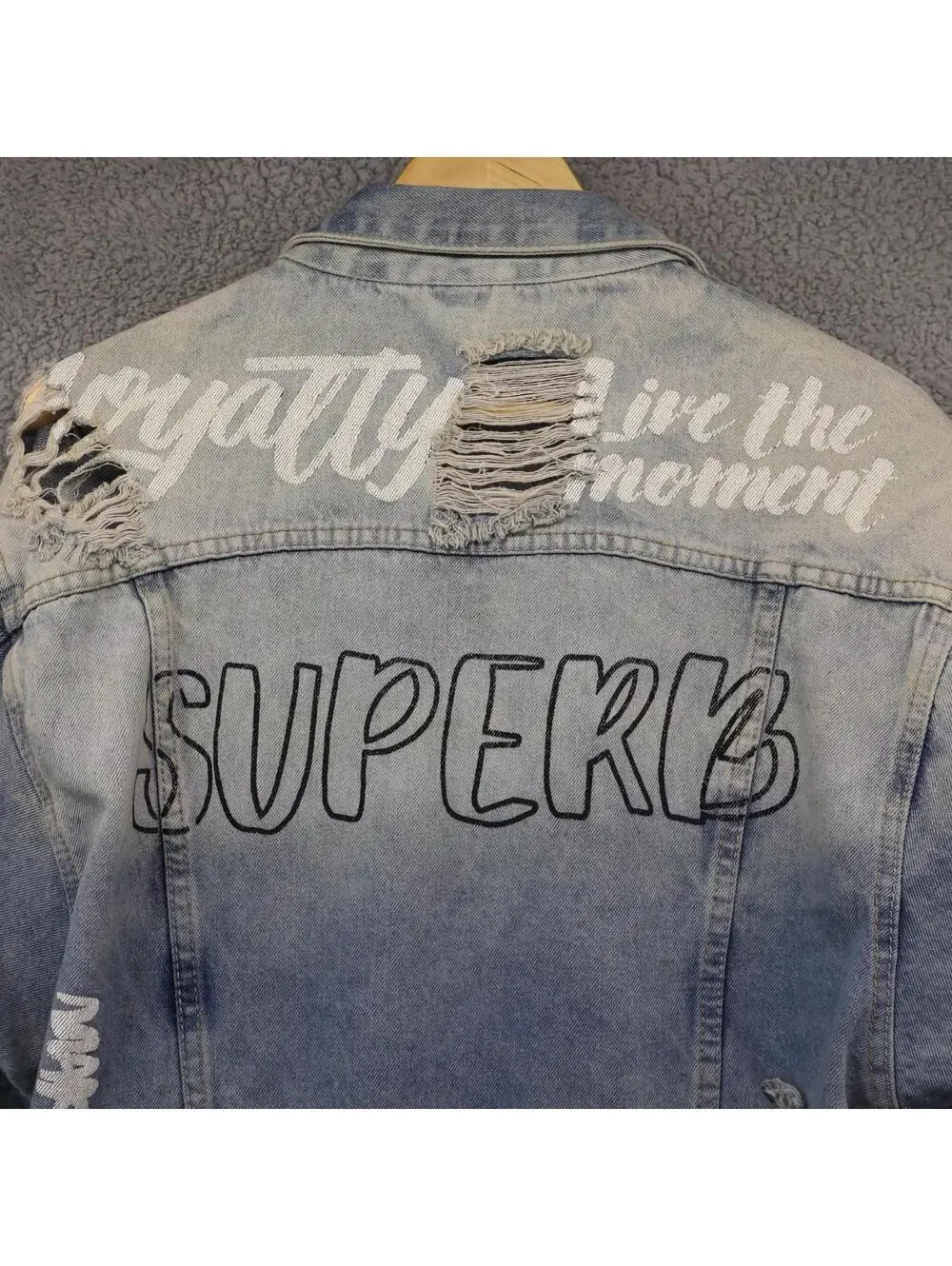 Jean Jacket Long Womens Large American Bazi Distressed Denim - Picture 11 of 11